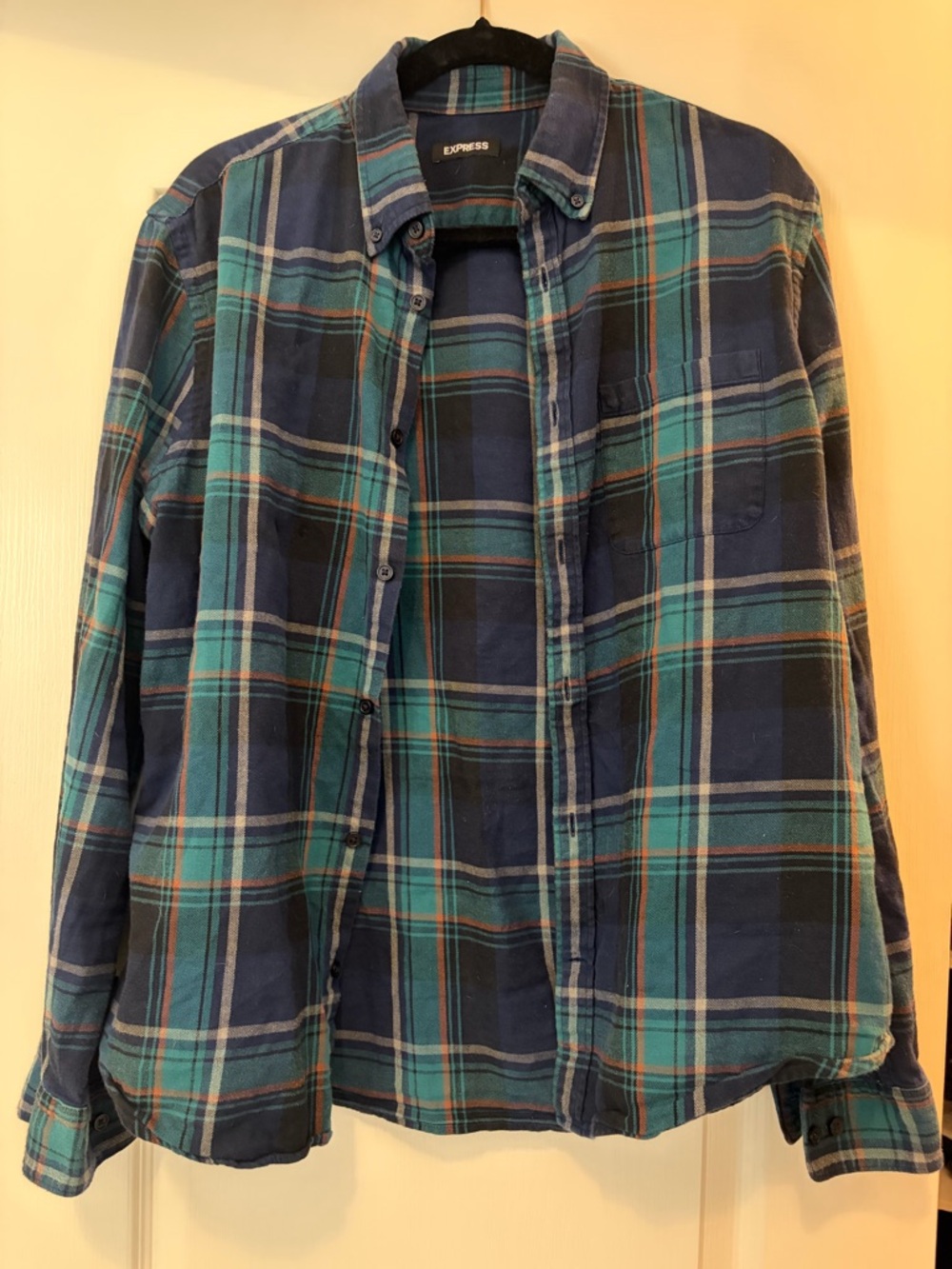 Express Navy and Teal Plaid Button-Down Shirt